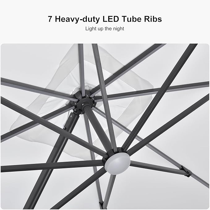 PURPLE LEAF 10 Feet Patio Umbrella Outdoor Cantilever Solar Powered LED Square Umbrella Aluminum Offset Umbrella with 360-degree Rotation for Garden Deck Pool Patio White