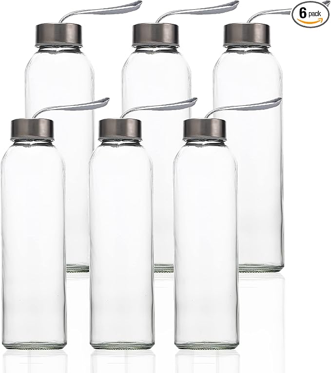 SureSave Glass Water Bottles with Stainless Steel Lids and Sleeves | 18 Oz Reusable Glass Bottles with Carrying Loop for Eco-Friendly Travel Drinks and Beverages (6 Pack)