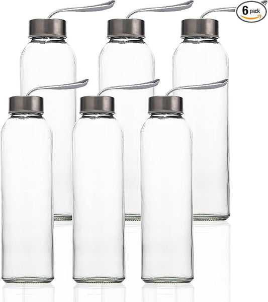 SureSave Glass Water Bottles with Stainless Steel Lids and Sleeves | 18 Oz Reusable Glass Bottles with Carrying Loop for Eco-Friendly Travel Drinks and Beverages (6 Pack)