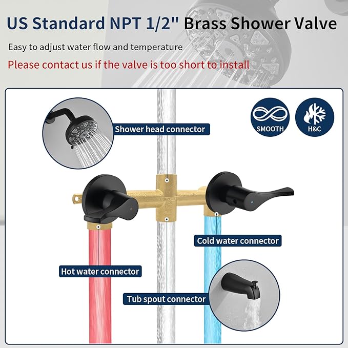 2 Handles Shower Faucet Set with Tub Spout Bathtub Shower Faucet Combo Set Shower System Complete Tub and Shower Trim Kit Wall Mounted Shower Fixtures Matte Black