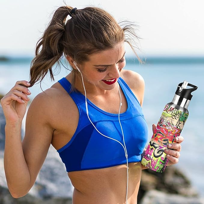 xigua Graffiti Wall Water Bottle, BPA Free Stainless Steel Water Bottle Leak-Proof Sports Bottle for Camping Workouts Gym and Outdoor Activity, 22oz