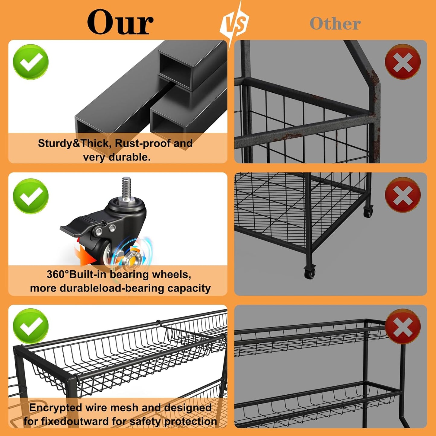 Sports Equipment Organizer, Garage Ball Storage Racks - Outdoor Toy Storage with 2 Side Racks & Removable Baskets, Heavy-Duty Garage Rolling Ball Cart with Wheels, Hooks for Toys, Sports Gear