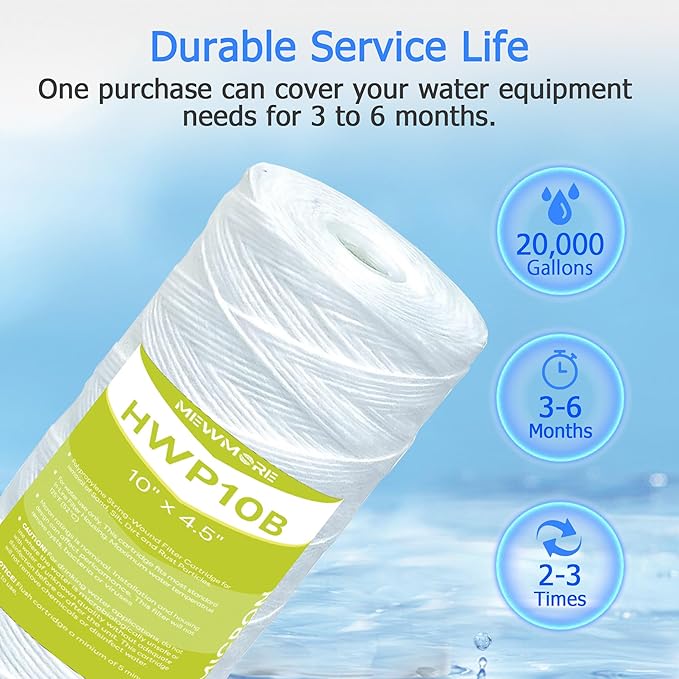 50 Micron Whole House Water Filter Cartridge, String Wound Sediment Filters for Well Water, Replacement for 84637, WPX5BB97P, WP10BB97P, WP25BB97P - 10" x 4.5" Cartridges - Pack of 4
