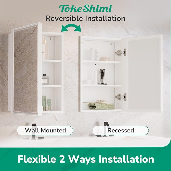TokeShimi 24x30 Recessed Medicine Cabinet with Mirror Wall Mounted, Metal Beveled Mirror with Storage for Bathroom Vanity, Aluminum White Medicine Cabinet Mirrored