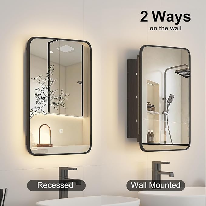 Recessed Medicine Cabinets for Bathroom Medicine Cabinet with Mirror and Lights,Backlight Lighted Medicine Cabinet,Black Medicine Cabinets Wall Mounted,Bathroom Mirror with Storage 16x24
