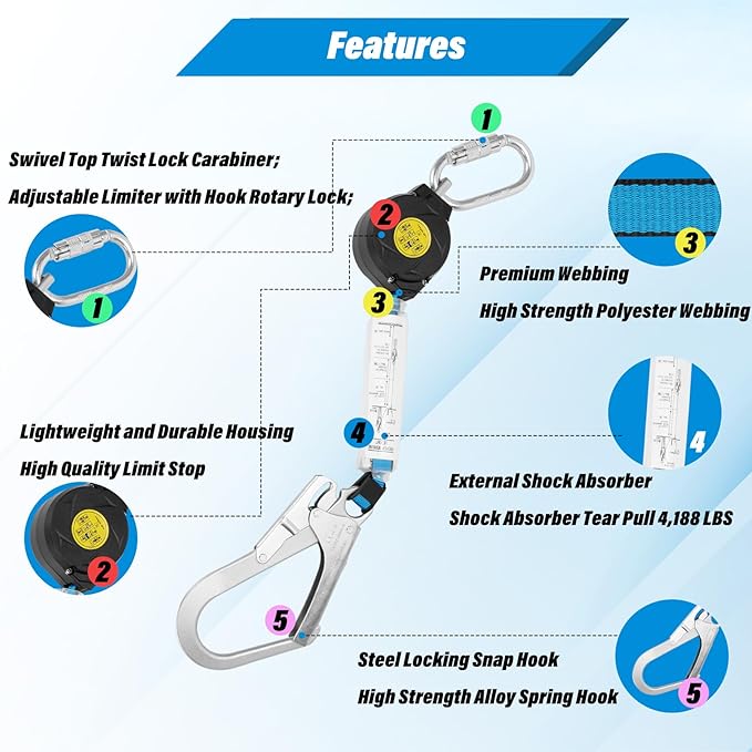 6ft Retractable Safety Lanyard, Safety Harness Fall Protection Retractable Lanyard with Rebar Hook(Big Hook), 6ft Self Retracting Lifeline for Construction Roofing