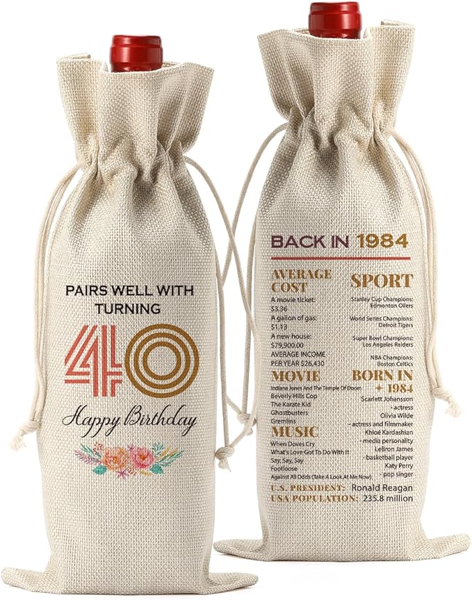 Funny 40th Birthday Gifts Women Men Wine Bag, Happy Anniversary 40th birthday Party Decorations Men Woman Wine Bags, 40 Year Old Birthday Gifts for Women Men Wine Bottle Bag