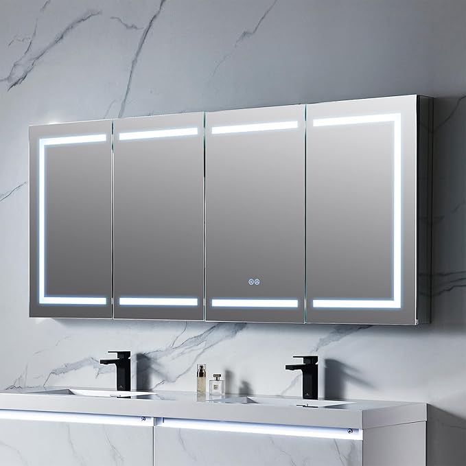Blossom 72-Inch LED Lighted Mirror Medicine Cabinet for Bathroom, Surface or Recessed Mount Bathroom Cabinet, One Touch Built-in Defogger, Dimmer, Makeup Mirror, 3 Adjustable Glass Shelves