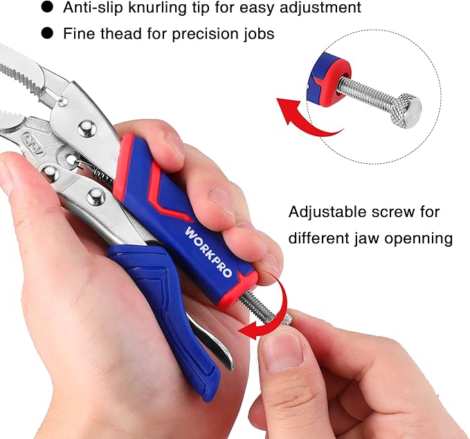 WORKPRO 4-Piece Locking Pliers Set with Comfortable Grip, 5-1/2", 7" and 9" Curved Jaw Locking Pliers, 6-1/2" Long Nose Locking with Storage Bag, Blue&red