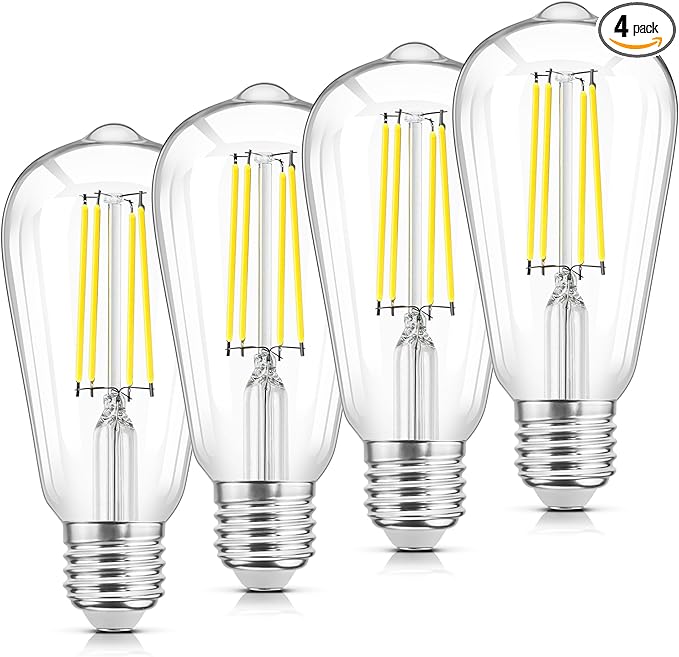 LED Edison Light Bulbs E26 Standard Base, Vintage 6W LED Bulbs, St58 5000K Cool White Bright Filament Bulbs with CRI 85+, 900LUM, Non-Dimmable, Clear Glass, Pack of 4