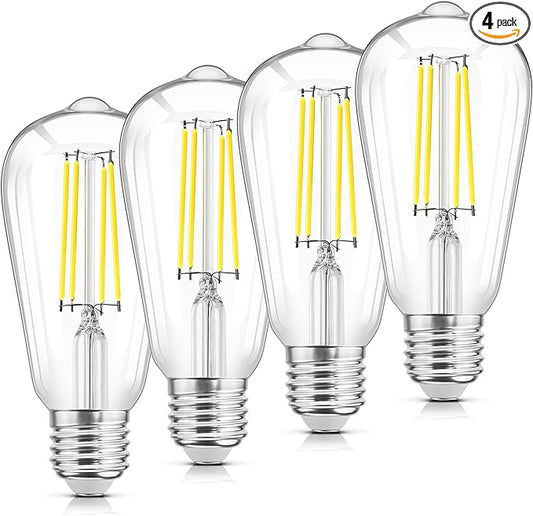 LED Edison Light Bulbs E26 Standard Base, Vintage 6W LED Bulbs, St58 5000K Cool White Bright Filament Bulbs with CRI 85+, 900LUM, Non-Dimmable, Clear Glass, Pack of 4