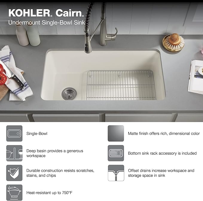 KOHLER K-8223-CM6 Cairn 15.5" Neoroc Composite Undermount Single-Bowl Bar Sink, Composite Bar Sink with Sink Rack, Matte White