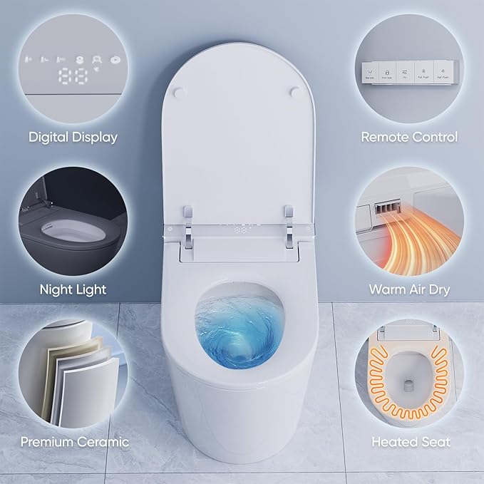 Smart Toilet with Bidet Built in, Electric Bidet Toilet with Auto Lid Opening, Bidet with Heated Seat, Warm Water & Dryer, Auto Flushing, Night Light, Elongated