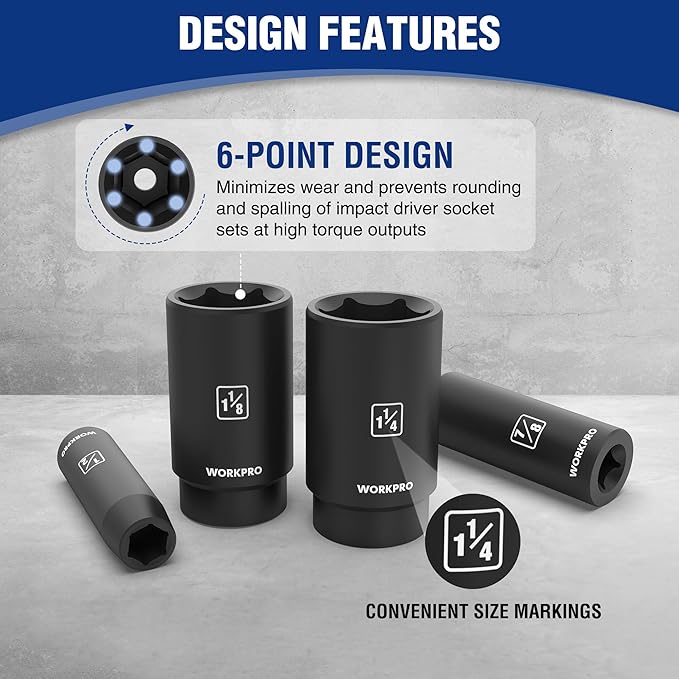 WORKPRO 14-Piece 1/2＂ Drive Deep Impact Socket Set, 6-Point Impact Deep Socket Set with Heavy Duty Storage Case for Automotive and Mechanical Repairs, 3/8"-1-1/4", Cr-V Steel, SAE