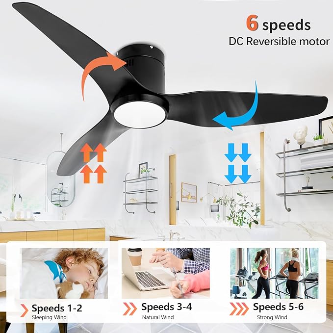 Black Ceiling Fan with Light Remote 52in 6Speed Silent Reversible Motor 3CCT Dimmable LED Flush Mount Low Profile Fan Timer Memory Function Modern Plastic Blade Vacation Mode Indoor Outdoor