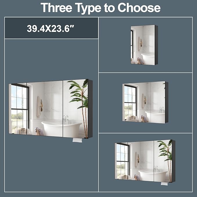 23.6 x 39.4 inch Bathroom Medicine Cabinet with Mirror, Black Metal Framed Mirror Medicine Cabinet with Storage, Pre-Assemble Medicine Cabinets for Bathroom, Recessed or Surface Mount