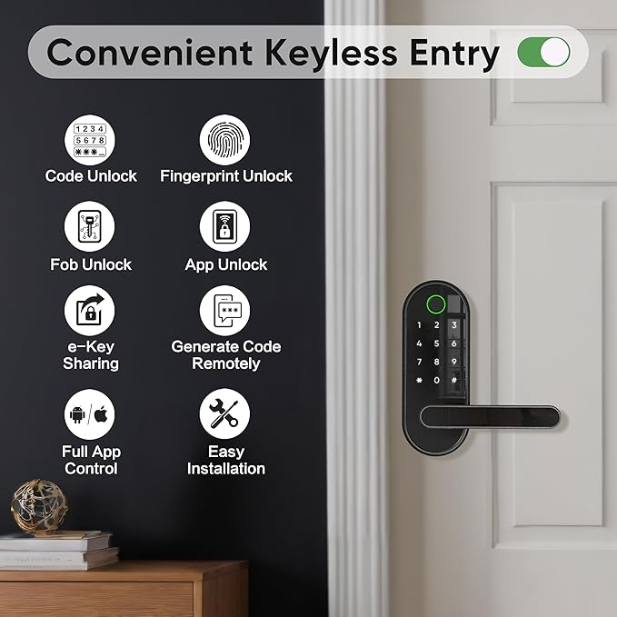 Keyless Entry Fingerprint Digital Smart Lock with Handle & Keypad: Electronic/Electric Lock with Code, App Control Biometric Deadbolt Door Knob for Front, Interior, Exterior & Bedroom Door (Black)