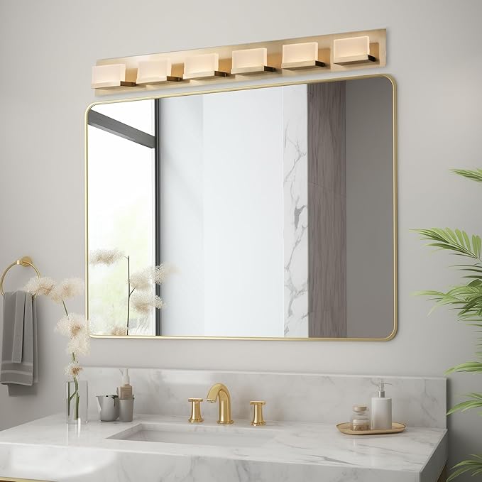 Kira Home Everett 48" Modern 6-Light 60W Integrated LED (360W eq.) Bathroom/Vanity Light, Rectangular Acrylic Lenses, Energy Efficient, Eco-Friendly, 3000k Warm White Light, Cool Brass Finish