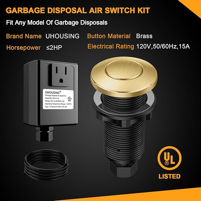 Garbage Disposal Air Switch Kit - UL Certified Sink Top Switch with Long 3.5" Brass Button by UHOUSING, Complete All-in-One Kit for All Disposals (Brushed Gold)