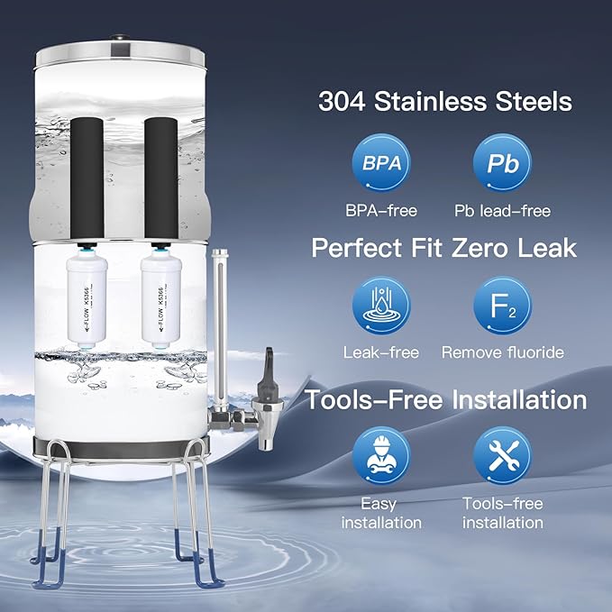 Gravity-Fed Water Filter System, 2.25G Stainless-Steel Countertop System with 2 Black NSF/ANSI 42 Certification Elements, 2 Fluoride, Metal Water Level Spigot, Reduces Fluoride and Chlorine