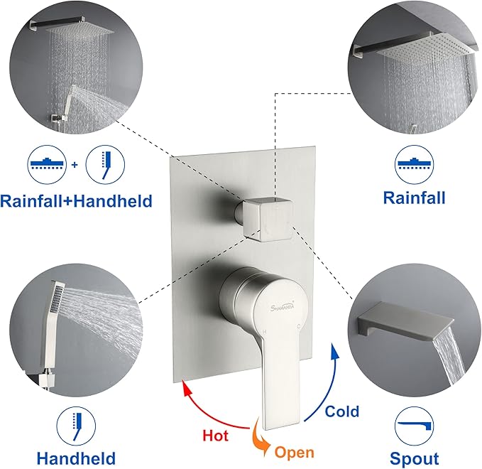SHAMANDA Shower System with Waterfall Tub Spout and Handheld Shower Head, 12" Rain Shower Faucet Sets Complete with Shower Round-in Valve and Trim Wall Mount, Brushed Nickel, L101-2