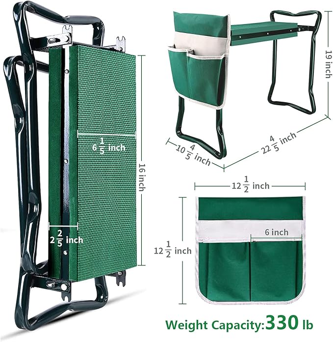 BESTHLS Garden Kneeler and Seat - Heavy Duty Folding Stool with Thick Pad, Tool Pouch, 330 lbs Capacity - Knee & Back Support, Perfect for Seniors, Women, Men