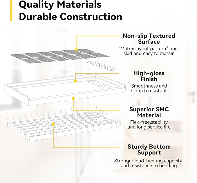 Sunrosa Shower Base 60"×32"×4", Single Threshold Shower Bases with Right Drain, Rectangle Solid Surface White Shower Pan, Slip Resistant Textured Surface, Include Stainless Steel Chrome Cover