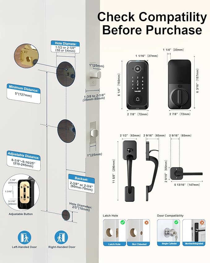 Smart Front Door Lock Sets: 2K HD Camera Lock with Doorbell Kits, Hornbill Fingerprint Keyless Entry Door Lock with Handles, WiFi Deadbolt(only 2.4G) for Remote Control, Free APP/Alexa/PIR, Black