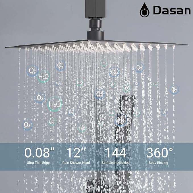 DASAN Full Body Shower System with 6 PCS Body Spray Jets & 12'' Rain Shower Head & Handheld, Ceiling Mount Rain Shower System Matte Black Shower Faucets Sets Complete with Valve, SA-SS03AMB-S12C2