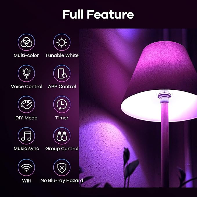 Linkind Matter Smart Light Bulb, Smart Bulbs Work with Alexa/Apple Home/Google Home, Color Changing Light Bulbs Music Sync, Preset Scenes, Mood Lights, 2.4Ghz WiFi Only, A19 E26 60W 1 Pack