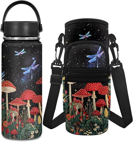 Mushroom 20 OZ Insulated Water Bottle Night Sky Stainless Steel Water Bottle for Girls 10-12 Water Bottle Carrier Bag with Phone Pocket