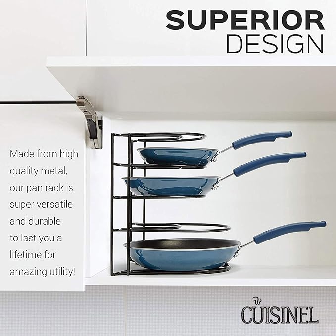Cuisinel Heavy Duty Pan Organizer - 12.2" - 5 Tier Rack - Holds 50 LB - Cast Iron Skillets, Griddles and Shallow Pots - Durable Steel Construction - Space Saving Kitchen Storage - No Assembly Required