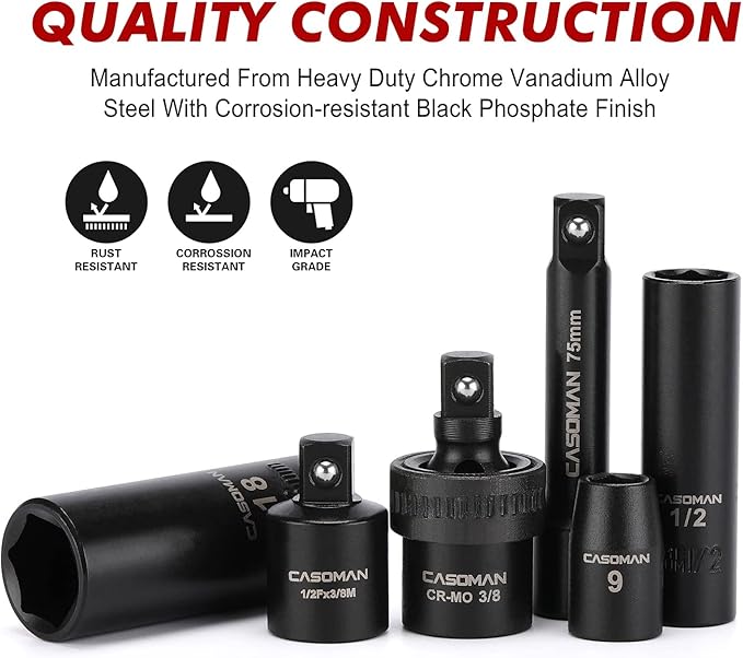 CASOMAN 3/8" Drive Impact Socket Set, 49 Piece Standard SAE and Metric Sizes (5/16-Inch to 3/4-Inch and 8-22 mm), 6 Point, Cr-V Steel Socket Set