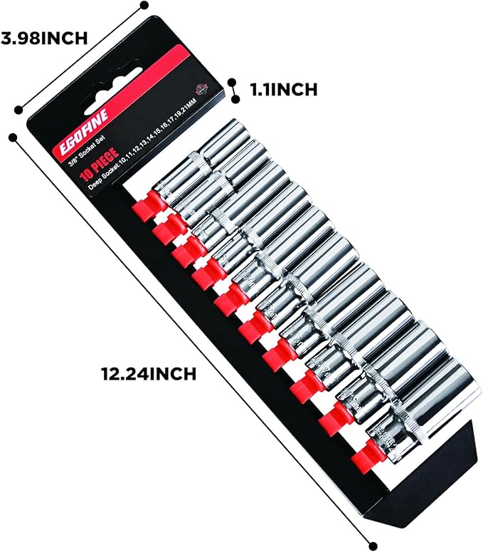 Egofine 10PCS 3/8” Drive Deep Socket Set,Metric Socket Set（10-21mm,6 Point Socket Set With Hanging Bracket,Cr-V Steel