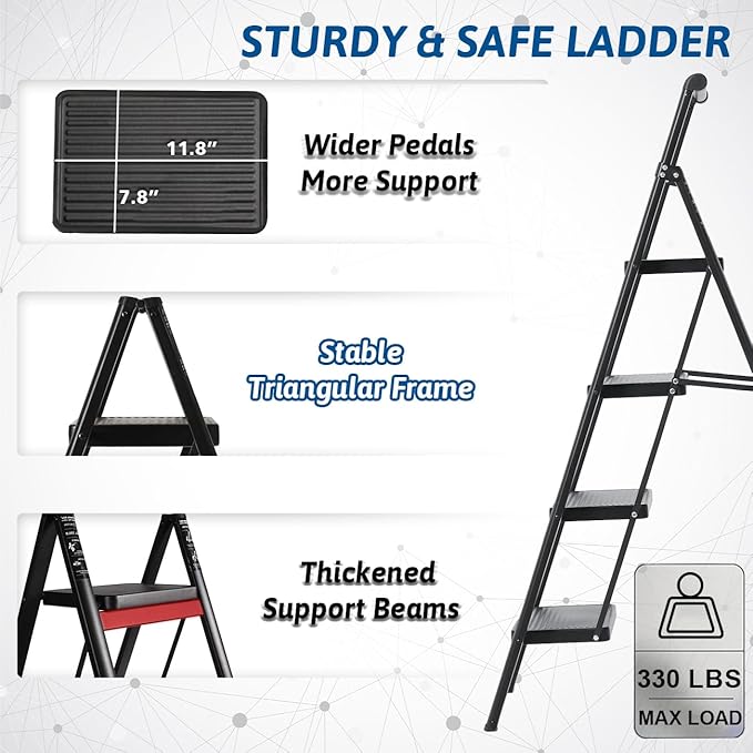 Double Elite Step Ladder 4 Step Folding with Handgrip, Safer 330 Lbs Load Folding Step Stool, Convenient Small Step Ladder with Tool Bag, Sturdy Ladders for Adults with Wide Pedals, Black