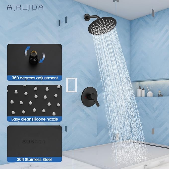 Airuida Shower Faucet Set,8 Inch Round Rainfall Shower Head,SUS304 Stainless Steel Single Handle Shower Trim Kit,Wall Mount Bathroom System with Female Threads Valve Matte Black