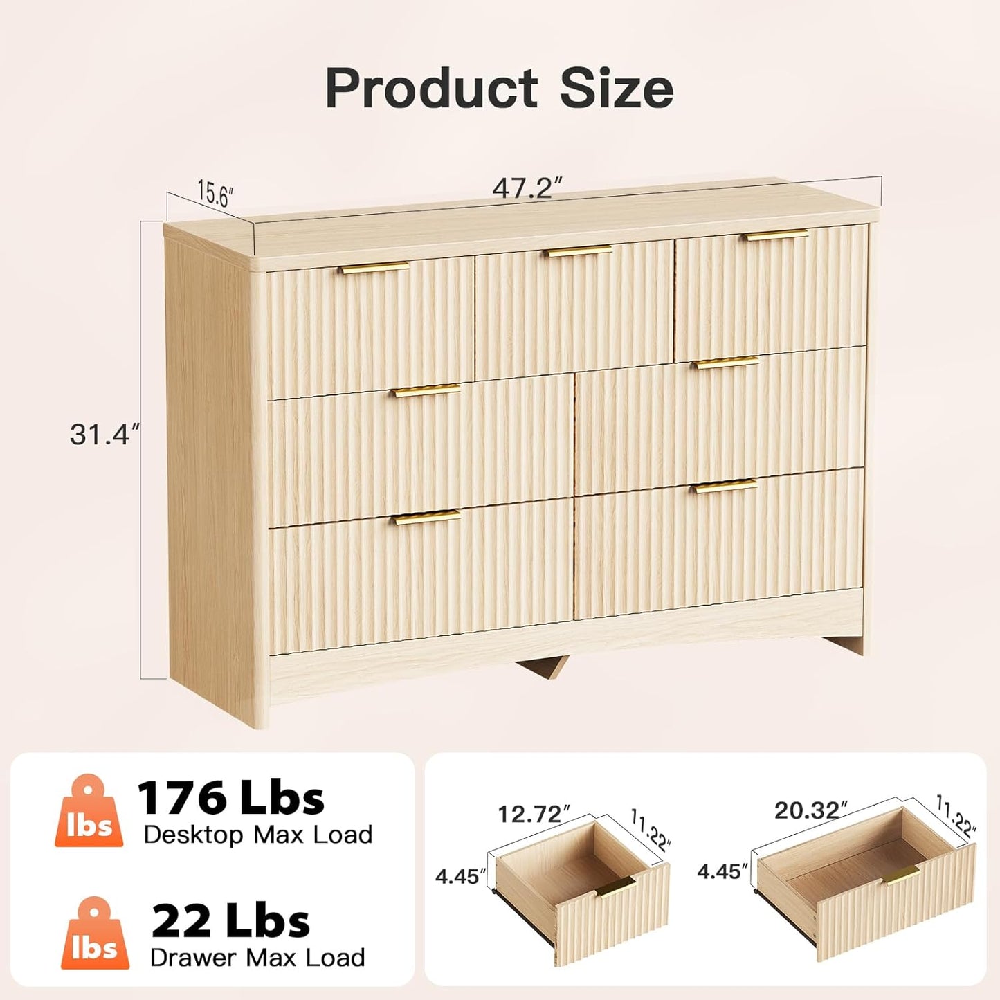 Pipishell Fluted 7 Drawers Dresser, Modern Wood Chest of Drawers, Dressers with Round Edge Design, Dresser TV Stand, Wood Drawer Organizer for Bedroom, Living Room, Hallway, Natural Oak