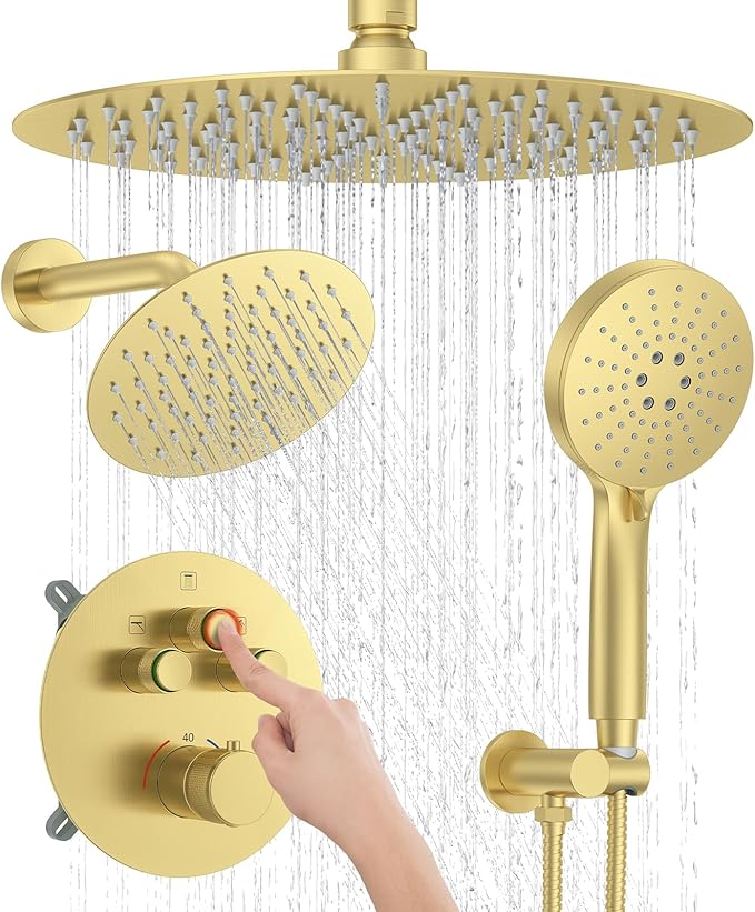 KOJOX Brushed Gold Thermostatic Shower System, Push Button Diverter Shower Faucet Set with 12" Ceiling Mount Rain Shower, 8" Wall Mount Shower Head, and 3-in-1 Handheld Spray