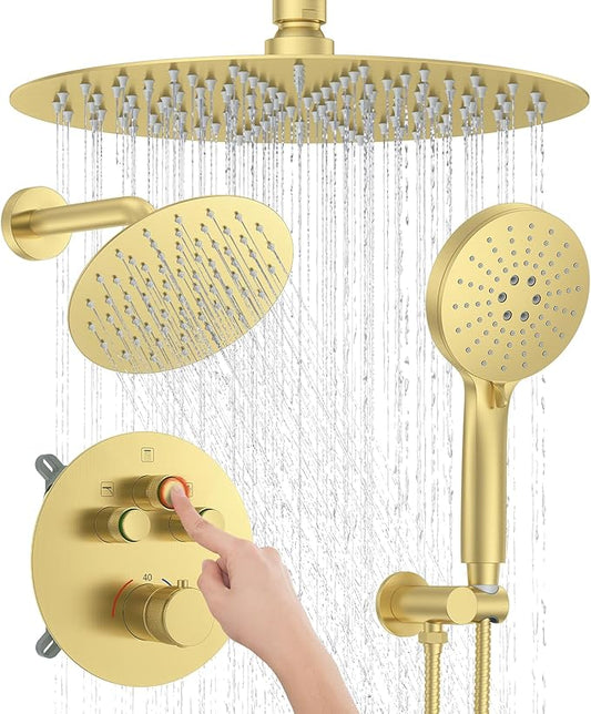 KOJOX Brushed Gold Thermostatic Shower System, Push Button Diverter Shower Faucet Set with 12" Ceiling Mount Rain Shower, 8" Wall Mount Shower Head, and 3-in-1 Handheld Spray