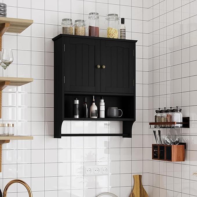 Smuxee Black Bathroom Cabinet Wall Mounted with Towels Bar, Medicine Cabinet with 2 Door Adjustable Shelves, Over Toilet Cabinet for Bathroom Laundry Room Kitchen