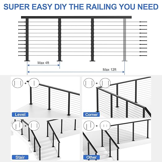 35"x2"x2" Stainless Steel Cable Railing Post, Black Top Mount Level Line Post with Grommets for Deck Railing Systems, Indoor & Outdoor Use, MY08-L