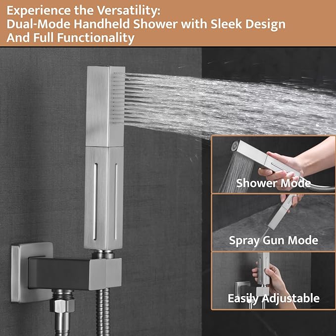 Thermostatic Shower System Brushed Nickel, Push Button Diverter Shower Faucet with 2 in 1 Handheld, Ceiling Mount 12 Inch Shower Head with 6 Inch Wall Mount Shower Head