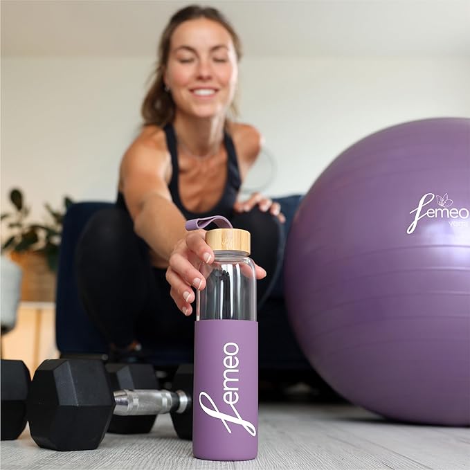 Femeo® Glass Water Bottle for Women | Eco, Yoga & Gym Friendly, 18oz | 100% Leakproof, BPA-Free, Dishwasher Safe, Borosilicate Drinking Glass Bamboo Sports Cap Purple