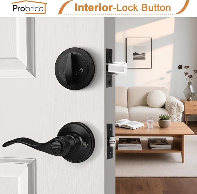 Probrico Front Door Handle and Single Cylinder Deadbolt Set, Black Exterior Door Handle with Deadbolt Lockset,Wave Reversible Door Lever Locks with Deadbolt Set, Keyed Alike 4Pack