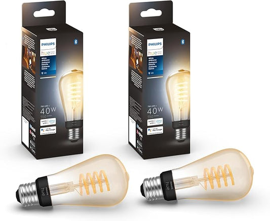 Philips Hue Smart 40W ST19 Filament LED Bulb - White Ambiance Warm-to-Cool White Light - 2 Pack - 550LM - E26 - Indoor - Control with Hue App - Works with Alexa, Google Assistant and Apple Homekit