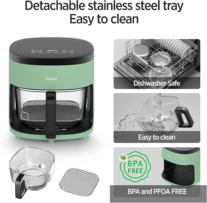 6-IN-1 Glass Air Fryer,4.5QT Air Fryer with Viewing Glass Pot, Air Fry, Dehydrate, Air Crisp Technology,Nonstick & Dishwasher Safe Basket,97% Less Oil,Features Digital Timer (Green)