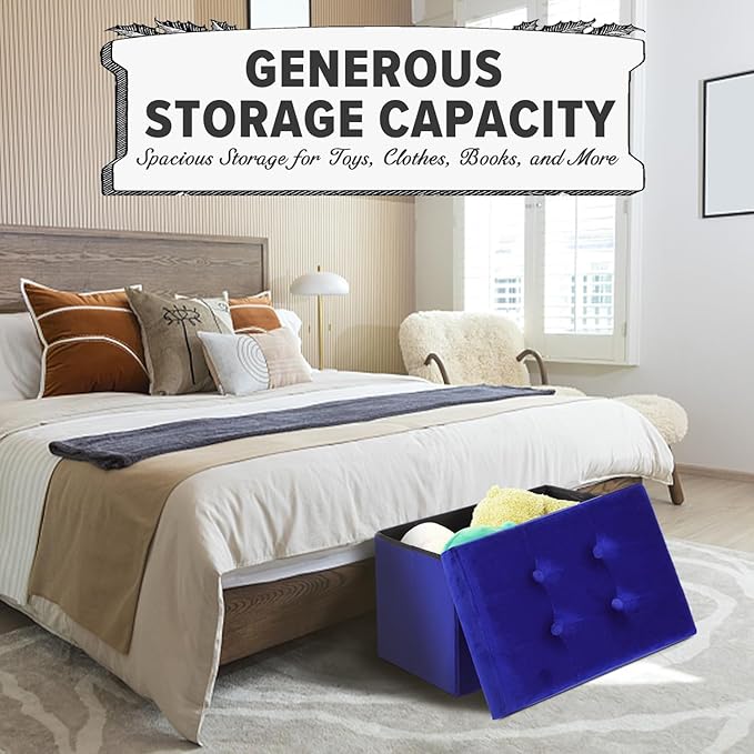 LINMAGCO Storage Ottoman Folding Foot Stool Velvet Foot Rest with Padded Modern Ottoman with Storage for Living Room Puppy Step Stool 17x13x13in(Navy)