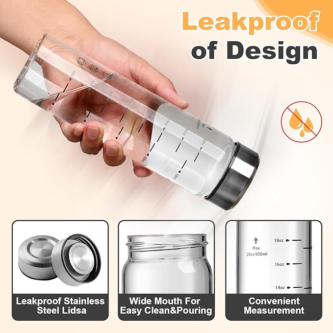 SIEROZUR Juice Bottles - 4 Pack Wide Mouth Glass Bottles with Lids - for Juicing, Smoothies, Infused Water, Beverage Storage - 20oz, BPA Free, Stainless Steel Lids, Leakproof, Reusable, Borosilicate