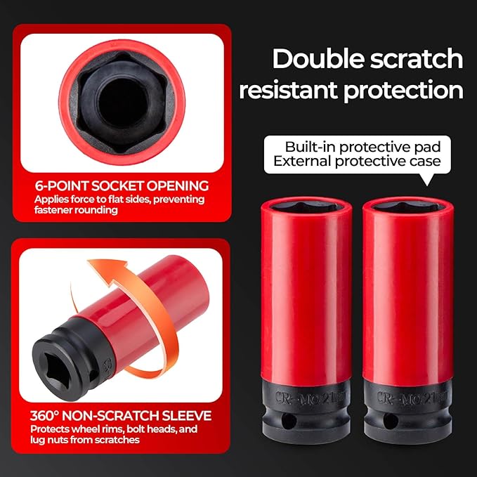 4 PCS 1/2 inch Drive Impact Lug Nut Socket, Metric 17 19 21 22 MM Thin Wall Deep Socket Set,Non-Marring Wheel Protectors Impact Socket,6 Point Axle Nut Socket Set