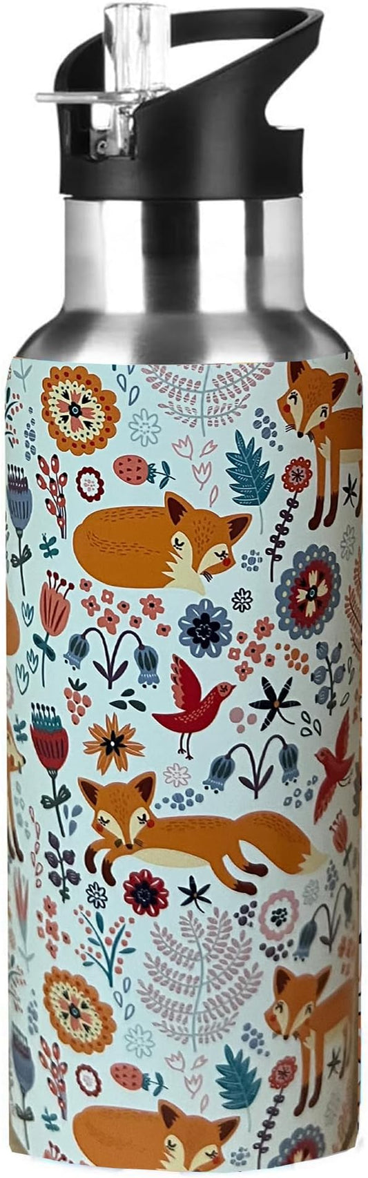 Cute Fox Animal Sport Water Bottle with Straw, Vacuum Insulated Stainless Steel Thermal Drinking Travel Mug Cups For Gym Fitness Camping-20oz/600ml, Orange